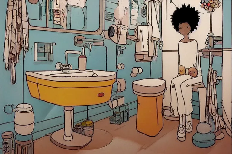 Prompt: modern bathroom, style of studio ghibli + moebius + basquiat, cute,