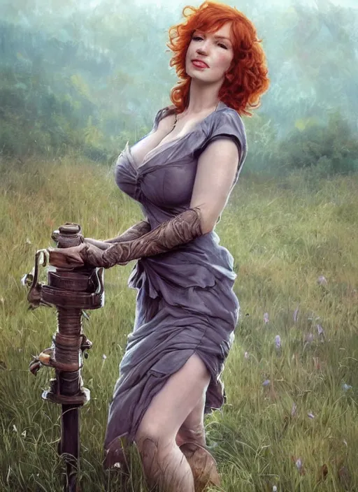 Image similar to Christina Hendricks taking a rest in a meadow after an long adventure, a ruggedly muscled handsome heroine, intricate, elegant, highly detailed, centered, digital painting, artstation, concept art, smooth, sharp focus, illustration, artgerm, donato giancola, Joseph Christian Leyendecker, WLOP, Artgerm, thunder storm