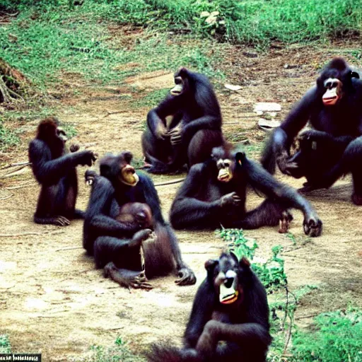 Prompt: a swat team consisting of orangutans listening a briefing from their gorilla leader, award winning vintage 1 9 9 0 photo