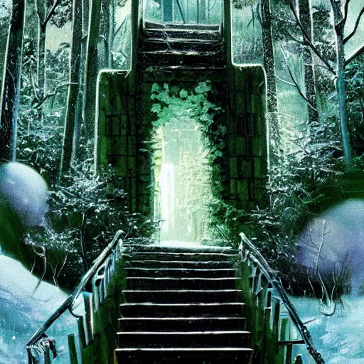 Image similar to stairs leading to a frozen derelict portal in a middle of a snowy lush futuristic forest, green lush world seen only through a portal, daylight, cinematic lighting, blue sky, syd mead, john harris