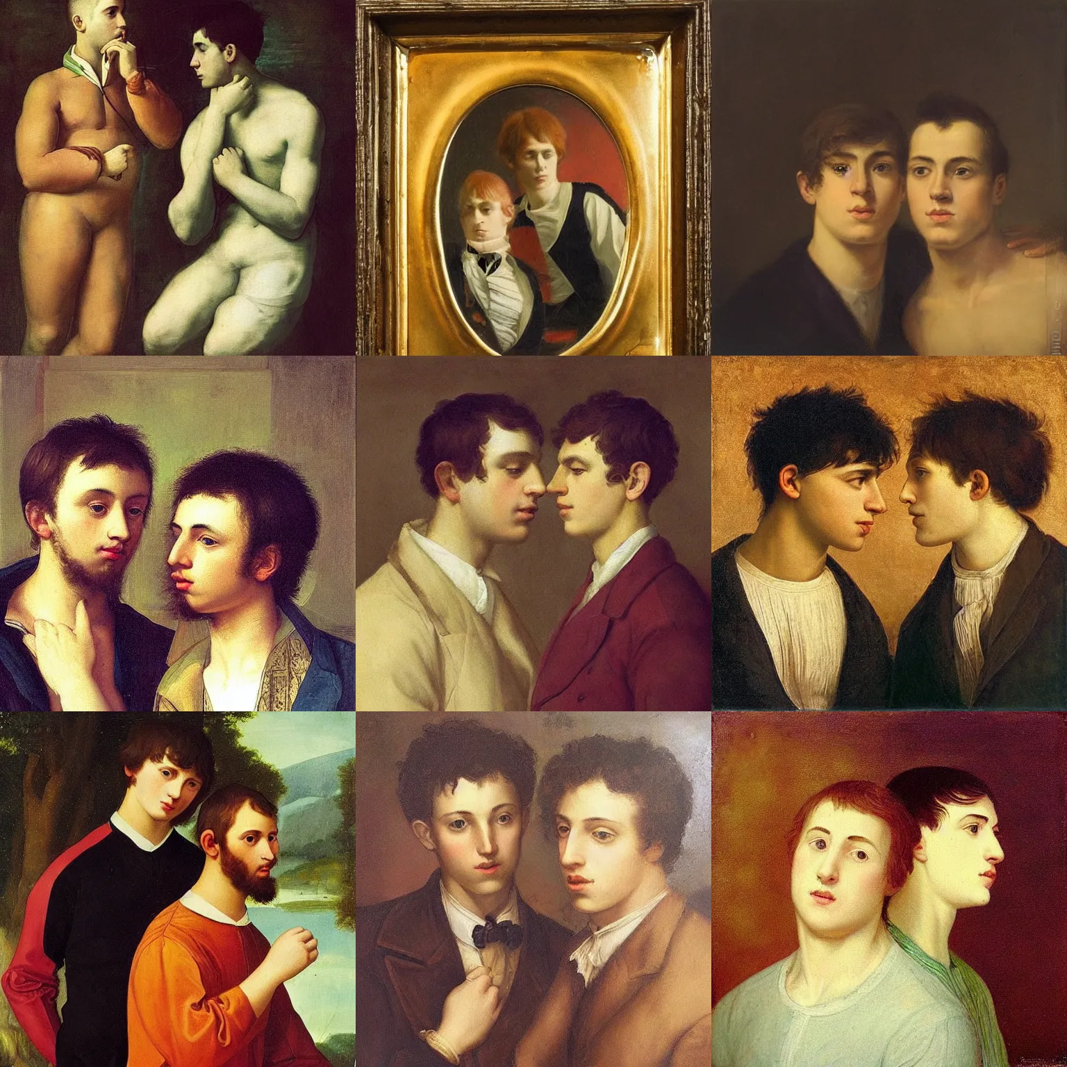 Prompt: “beautiful portrait of two young men in love, Aestheticism, Neo-Classicism, colorful modern portraiture”