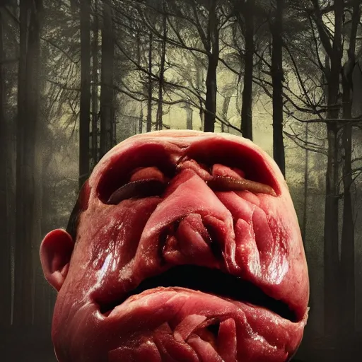 Image similar to a big fat butcher with a scary face chops a piece of meat in a dark forest