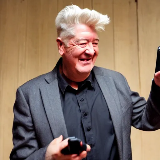 Prompt: David Lynch holding a phone laughing