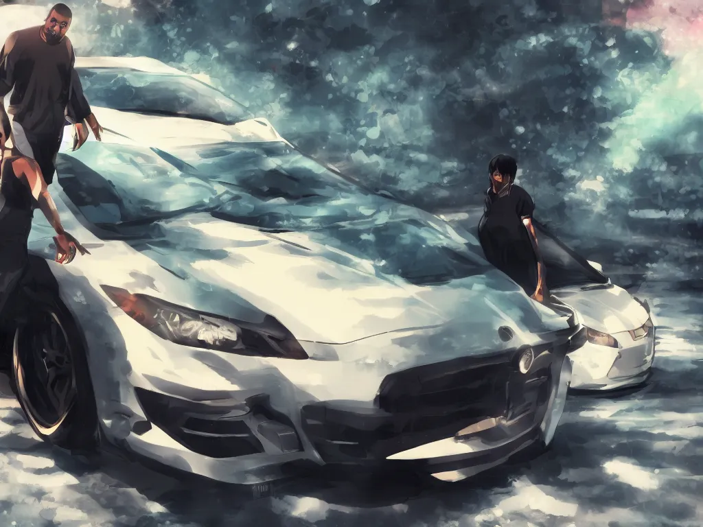 Prompt: Kanye West with a JDM car in makoto shinkai style, pixiv, 4k, wallpaper, high quality