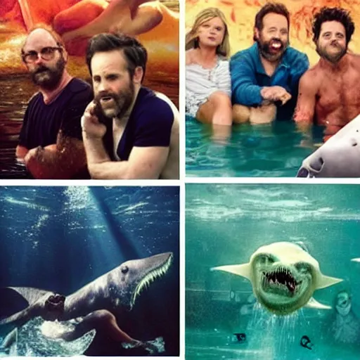 Image similar to everyone from Its Always Sunny in Philadelphia floating underwater and being eaten by ghost sharks. Photograph.