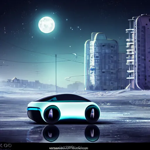 Image similar to Futuristic VW W16 in a Russian cyberpunk slum city called Neo Norilsk on the Moon, at night, diverse, lively, black sky full of stars, blinding sun, sci-fi, lots of flying cars, levitation, cyberpunk outfits, photorealistic, grainy, 35mm, intricate, very very beautiful, elegant, smooth, cinematic, Unreal Engine 5, by Beeple, trending on Artstation HD