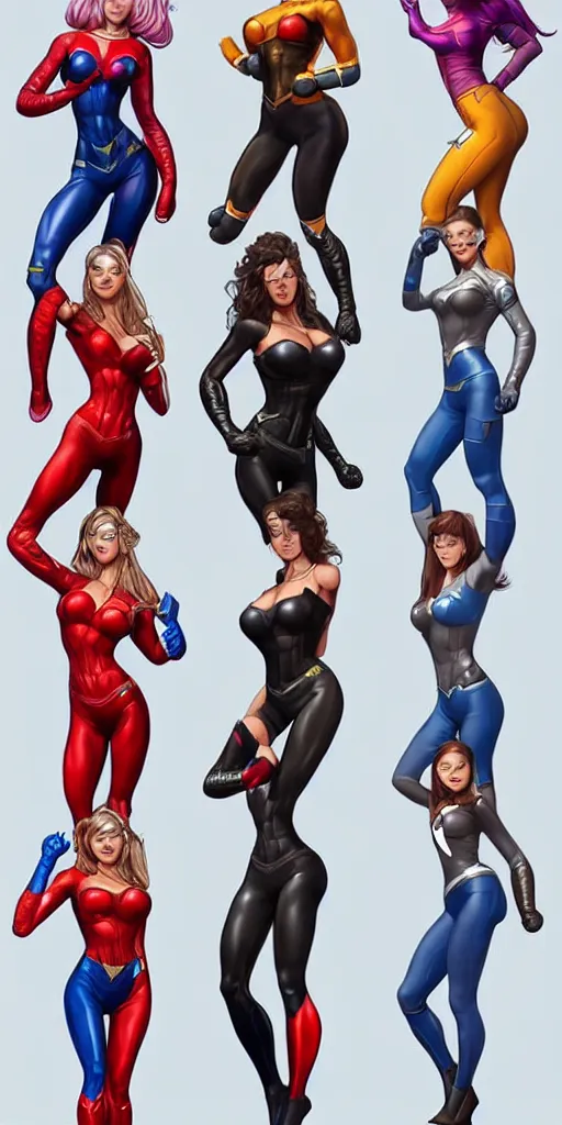 Image similar to a ultra detailed group of women super hero's in tight fitting clothes, very cute, very hot, trending on artstation.