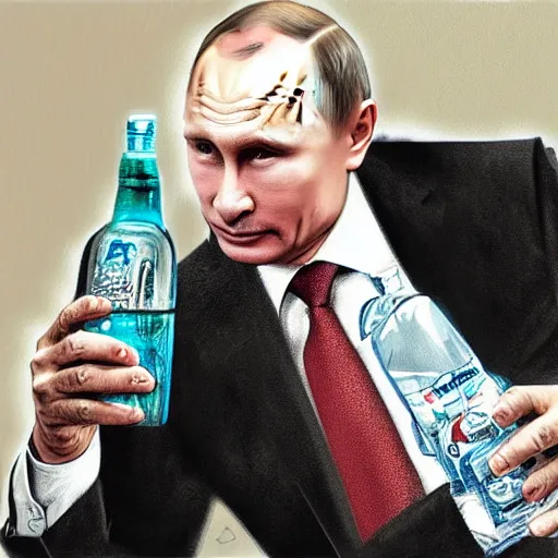 Prompt: vladimir putin wearing a sexy skirt, holding a bottle of arak, cinematic, beautiful digital painting, hyper detailed