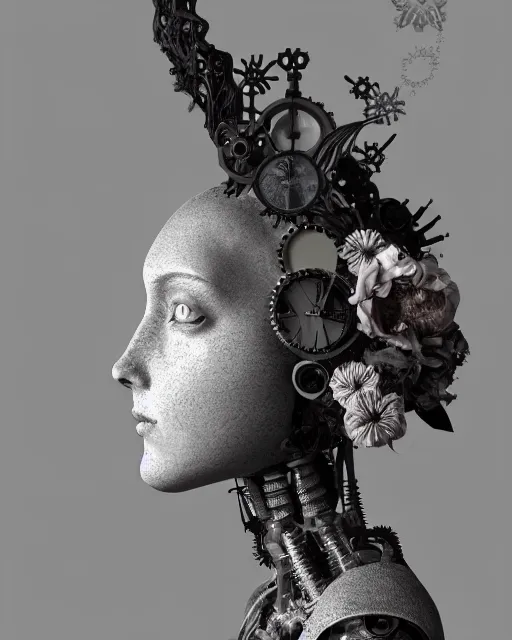 Image similar to black and white dreamy foggy smoky profile face portrait, one silver steampunk realistic eye biomechanical beautiful young female cyclope - cyborg - robot bust, body ribs meshes,, volumetric light, hibiscus flowers, by hg giger, rim light, by dora maar and cecile beaton, big gothic fashion pearl embroidered collar, 8 k