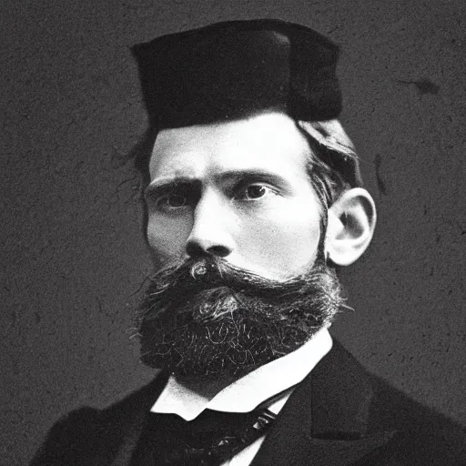 Image similar to A photograph portrait of Jerma985 in the mid-late 1800s with a top hat and beard, taken in the mid-late 1800s, grainy, taken on a Field View Camera, realistic, hyperrealistic, very realistic, highly detailed, very detailed, extremely detailed, detailed, digital art, trending on artstation