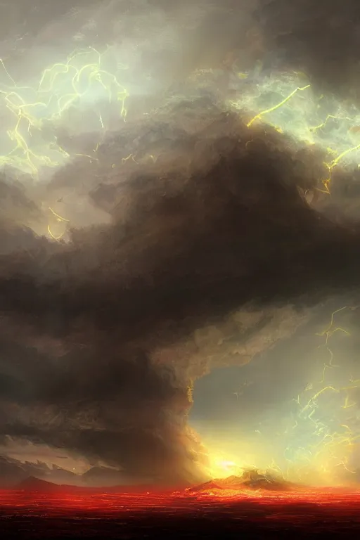 Image similar to breathtaking digital painting of a storm with dozens flying swords of light, in golden clouds in a desert castle, strokes of mist and scarlet ribbons, german romanticism style, volumetric lighting, concept art, matte, sharp focus, art by celestialfang, matchach, juanmao, dustin panzino, trending on artstation