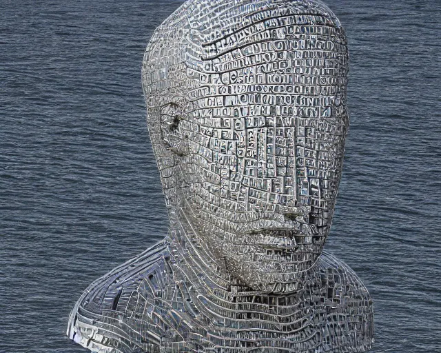 Image similar to a giant abstract sculpture of a legendary greek warrior god on the water, in the style of jaume plensa, award winning, cinematic, hyper - realistic, very detailed, realistic water splashes, ray tracing, 8 k resolution, long - shot, sharp focus, low angle, 8 5 mm photograph, wide lens