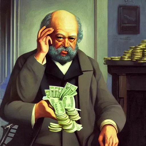 Prompt: Karl marx holding lot of money he wants to get rich, highly detailed, very coherent, painted by Francis Bacon and Edward Hopper, Wayne Barlowe, painted by James Gilleard, surrealism, airbrush, art by JamesJean