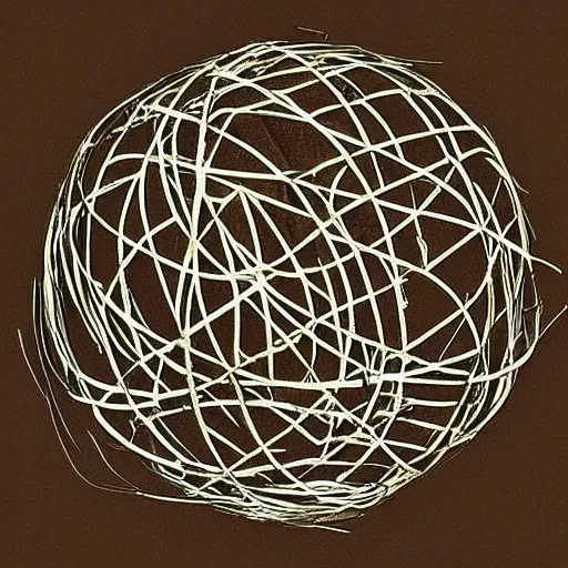 Image similar to almost abstract. it has both recognizable elements of nature and non - representational shapes. there's a nest - like object at the bottom, and two stick like objects. they extend up to a series of spherical shapes, one of them emitting a yellow light.