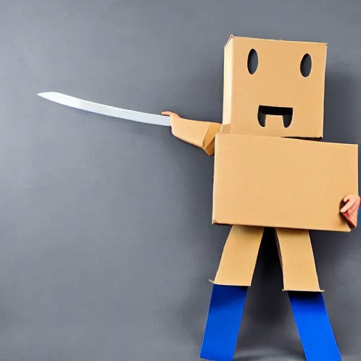 Prompt: cardboard boxman with cardboard armor, wielding a cardboard sword inside a kitchen, cabinets, stove