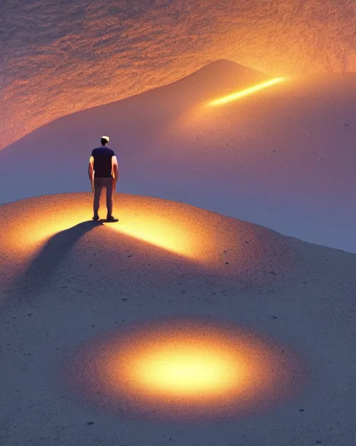 Image similar to a man standing in the middle of a mountain looking at a glowy shape, a render by filip hodas, behance contest winner, environmental art, rendered in cinema 4 d, volumetric lighting