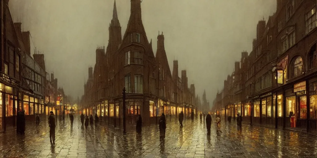 Image similar to Victorian city street with front view of shops on a rainy day in London, evening, low angle view, detailed matte painting, cinematic, John Atkinson Grimshaw, Artstation