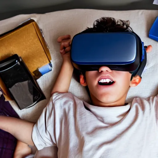 Image similar to a stock photo of a boy laying in bed with a bunch of stuff wearing a VR-headset, featured on flickr, cluttered