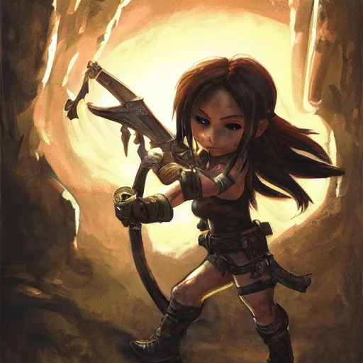 Image similar to concept art of chibi Lara Croft exploring a dark dungeon, Justin Gerard