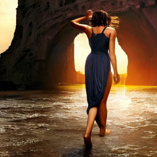 Image similar to Photo the beautiful woman Gal Gadot, she is posing, she is walking on a river, she is getting ulluminated by the rays of the sunset, the photo was taking by Steve McCurry, matte painting, oil painting, naturalism, 4k, 8k