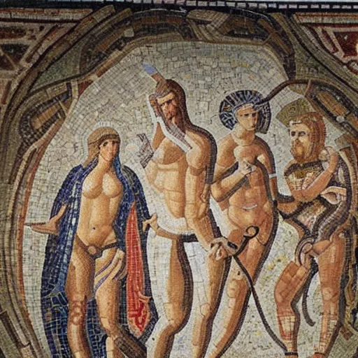 Image similar to a beautiful roman mosaic of adam, eve and the serpent by michaelangelo, rome, 1 0 0 ad