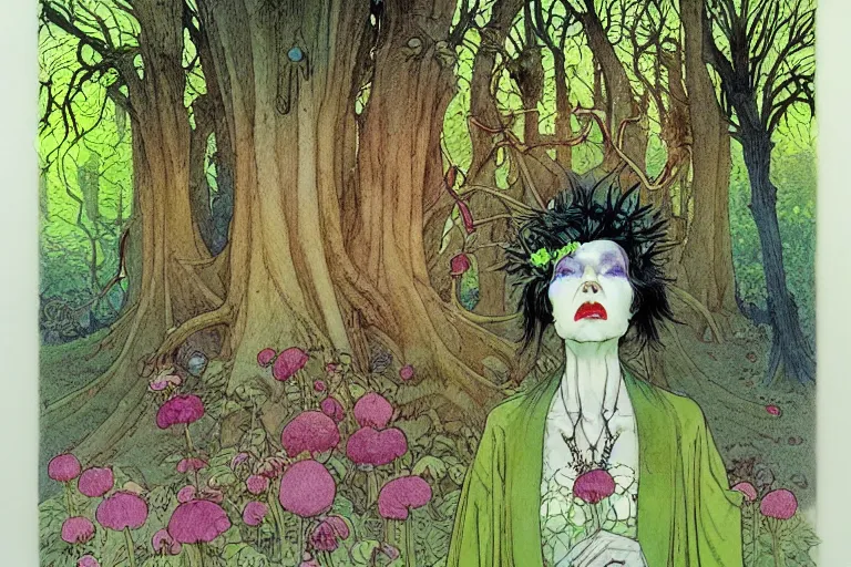 Prompt: a hyperrealist watercolour character concept art portrait of a haunted forest inside central park. neon flowers. weird people. by rebecca guay, michael kaluta, charles vess and jean moebius giraud