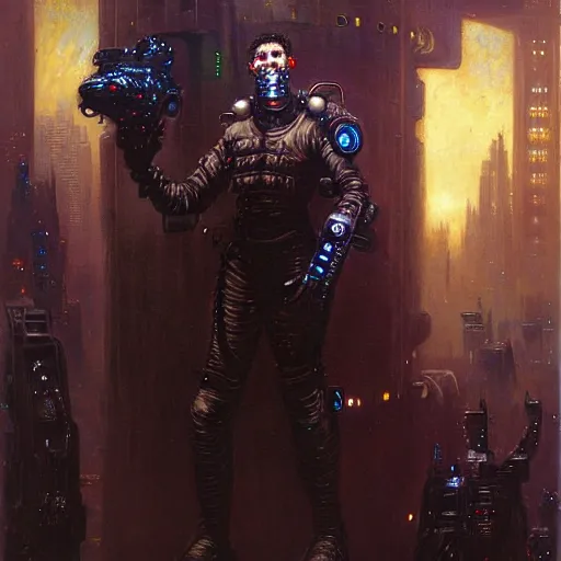 Image similar to portrait black german shepard dogman humanoid bipedal canine neuromancer. spaceship futuristic city. shadowrun cyberpunk fantasy d & d painting by gaston bussiere craig mullins jc leyendecker gustav klimt artgerm greg rutkowski john berkey, bergey, craig mullins, ruan jia, raymond swanland, tom lovell