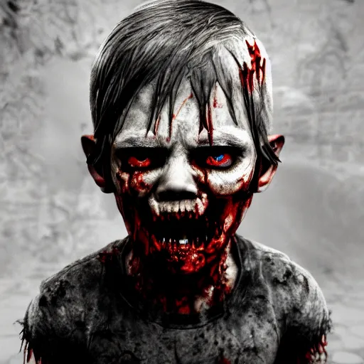 Prompt: angry zombie toddler without eyes portrait, empty bloody - black eyesockets, horror core, apocalyptic, feeling of grimdark, sharp focus, fiction, hyper detailed, digital art, trending in artstation, cinematic lighting, studio quality, smooth render, unreal engine 5 rendered, octane rendered, art style and nixeu and wlop and krenz cushart