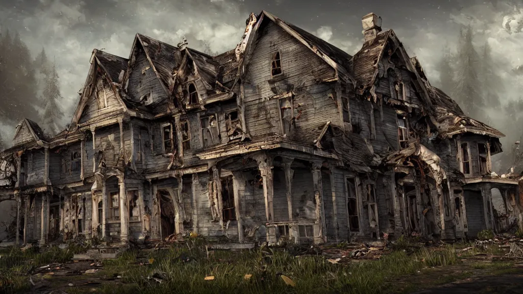 Image similar to a haunted destroyed house, trending on artstation, wide view, cinematic view, cinematic, 8 k, digital photo, unreal engine, colored paint, colorful paint, scary style