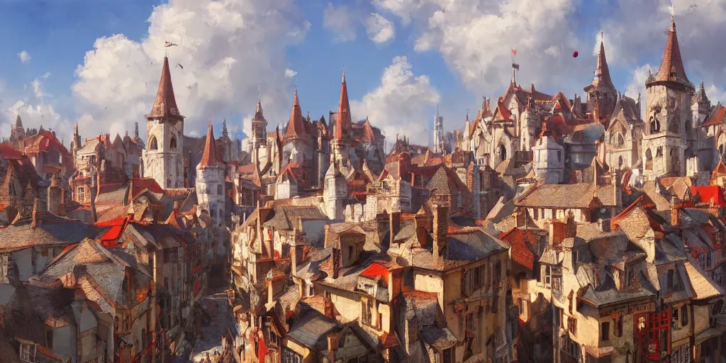 Prompt: hyper realistic oil painting of a medieval city made out of white and red houses, hyper detailed, high contrast, bright, summer, blue skies, by Greg Rutkowski, trending on artstation