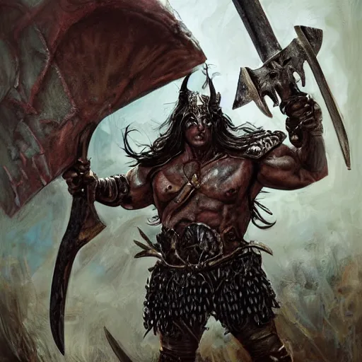 Image similar to a photorealistic painting of Conan the slayer , in a horned helmet and ironpunk death metal armor, wielding an axe, extremely muscular male fantasy hero, extremely detailed, mixed media style comic book artwork, artstation, medieval fantasy art, sharp focus, perfectly symmetrical facial features, melancholy lighting, art by Barry Windsor-Smith and Bill Sienkiewicz , hyperrealism, golden ratio, hyperdetailed, heavily detailed and intricate