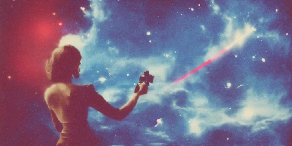 Image similar to vintage polaroid of a beautiful science fiction space woman, holding a laser gun, seen from behind, detailed clouds, warm azure tones, red color bleed, film grain