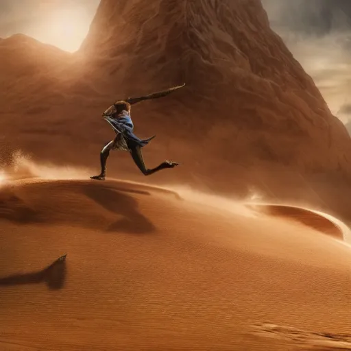 Image similar to Ninja warrior dashing through a ruined city, dune style, epic, cinematic, light effect, volumetric lighting, cinematic, soft lights, golden ratio, hyper detail, ultra HD, Octane,