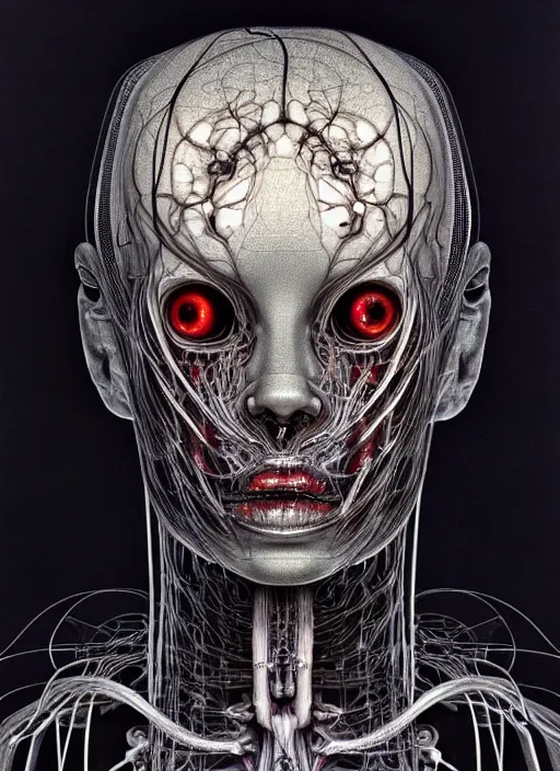 Image similar to portrait of neural nightmares by yoshitaka amano and HR Giger, detailed face face face face, facial structure, hd, 8k, very very very very electronic, biomechanical, biology, bio, neural machine, single subject, terror