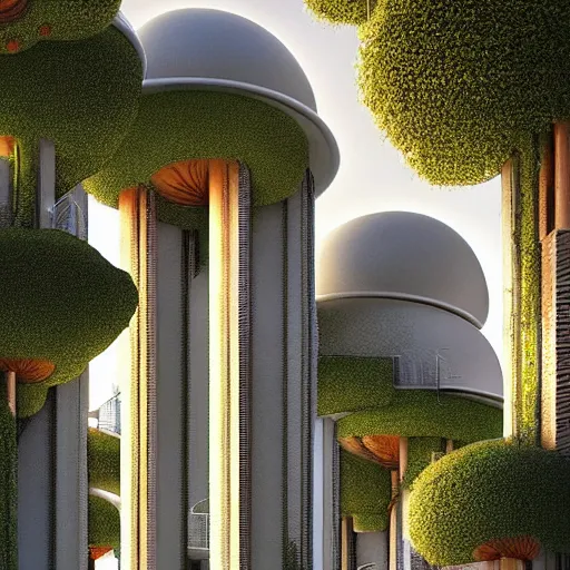 Prompt: mushroom city, modern architecture by ricardo bofill, city of the jungle, by victor enrich, concept art