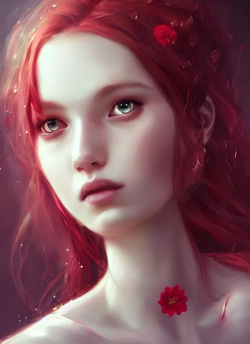 Image similar to a gorgeous flower princess portrait by WLOP, emerald eyes, red hair, digital painting, beautiful lighting, ominous, cgsociety
