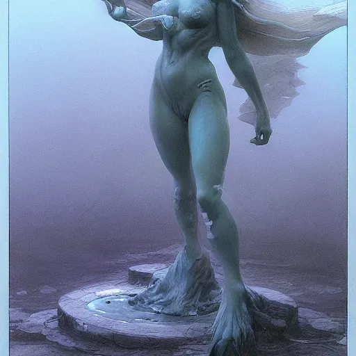 Prompt: atmospheric concept art of a female water elemental sculpted from marble, concept art, character concept art, atmospheric, fog, wayne barlowe , moebius, yoshitako amano
