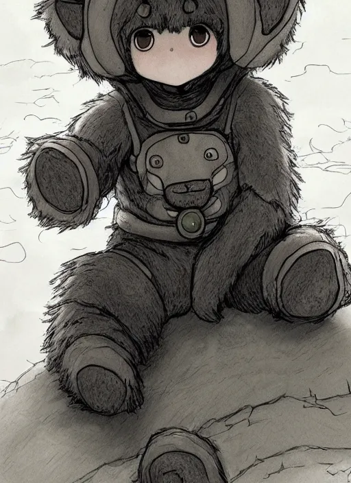 Image similar to beautiful little boy wearing an cyborg bear suit, artwork in kentaro miura and made in abyss and rosdraws, smooth, beautiful lightness, anatomically correct, trending on pixiv, forest