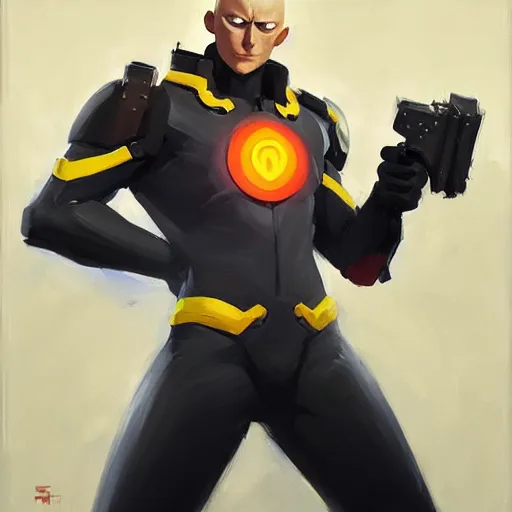 Prompt: Greg Manchess portrait painting of Saitama as Overwatch character, medium shot, asymmetrical, profile picture, Organic Painting, sunny day, Matte Painting, bold shapes, hard edges, street art, trending on artstation, by Huang Guangjian and Gil Elvgren and Sachin Teng