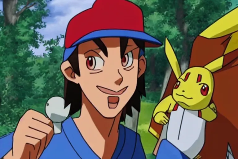 Image similar to “ a still of jesus as ash ketchum ’ s pokemon in the pokemon animated series ”