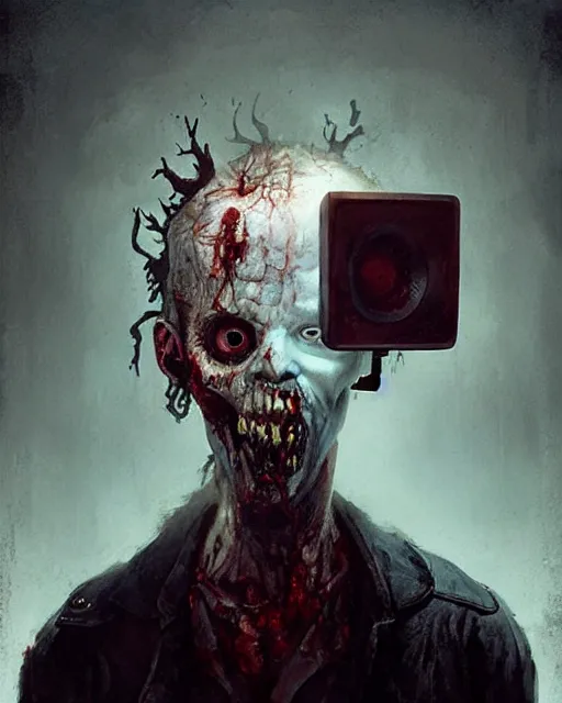 Image similar to hyper realistic photo portrait zombie with a television on his head cinematic, greg rutkowski, james gurney, mignola, craig mullins, brom
