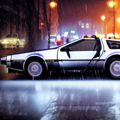 Image similar to hyperdetailed, photorealistic photograph of a dmc 1 2 delorean driving in the streets, rain, night, dense fog, hd, unreal engine 5 by greg rutowski, by stanley artgerm, by alphonse mucha