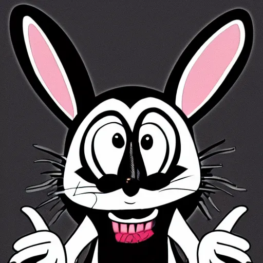 Image similar to A extremely highly detailed majestic hi-res beautiful, highly detailed head and shoulders portrait of a scary terrifying, horrifying, creepy crazy black cartoon rabbit with scary big eyes, earing a shirt laughing maniacally , let's be friends, in the style of Walt Disney