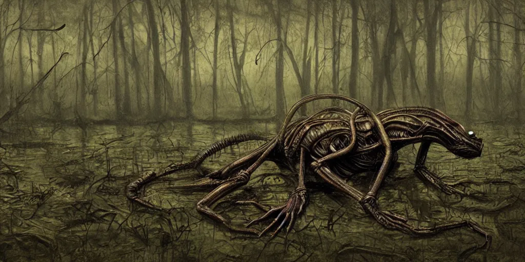 Image similar to extremely disturbing alien creature crawling through a swamp, created by Scott Listfield