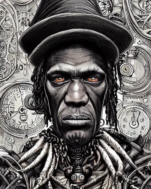 Image similar to a detailed portrait illustration of a steampunk witch - doctor. rugged black male face. fat, muscular. art nouveau, pop art, comic book style. influenced by neil gaiman, h. p. lovecraft, dan mumford, boris vallejo, vadim voitekhovitch, killian eng, ross tran.