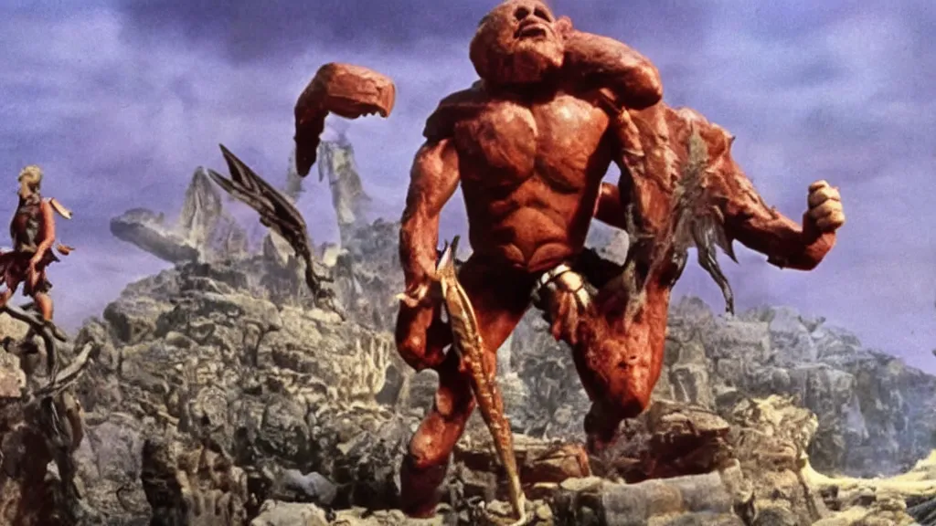 Image similar to still from a stop motion animated movie about a giant cyclops, by ray harryhausen, nineteen seventy five, cinematic lighting, ultra realistic, panavision, wide screen, saturated color, seventies cinema, vintage, sword and sorcery