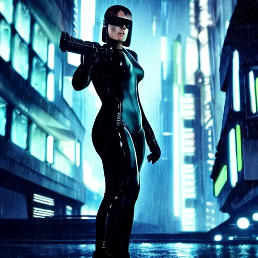 Prompt: anna paquin starring in a cyberpunk movie in a distopic futuristic city in the style of bladerunner, wearing a black catsuit, holding a gun, movie still, highly detailed, rainy night, volumetric lights, studio lighting, dramatic, scifi, sharp focus, ground mist