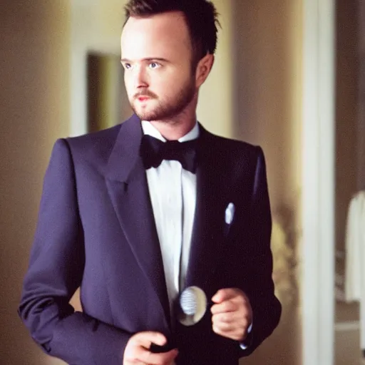 Image similar to color 35mm film still of young skinny Aaron Paul dressing elegantly, figure portrait