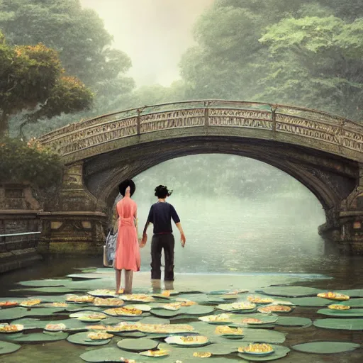 Prompt: a couple on the bridge close to the river with a lot of water lily made by studio ghibli highly detailed, digital painting, artstation, concept art, smooth, sharp focus, illustration, art by artgerm and greg rutkowski and alphonse mucha