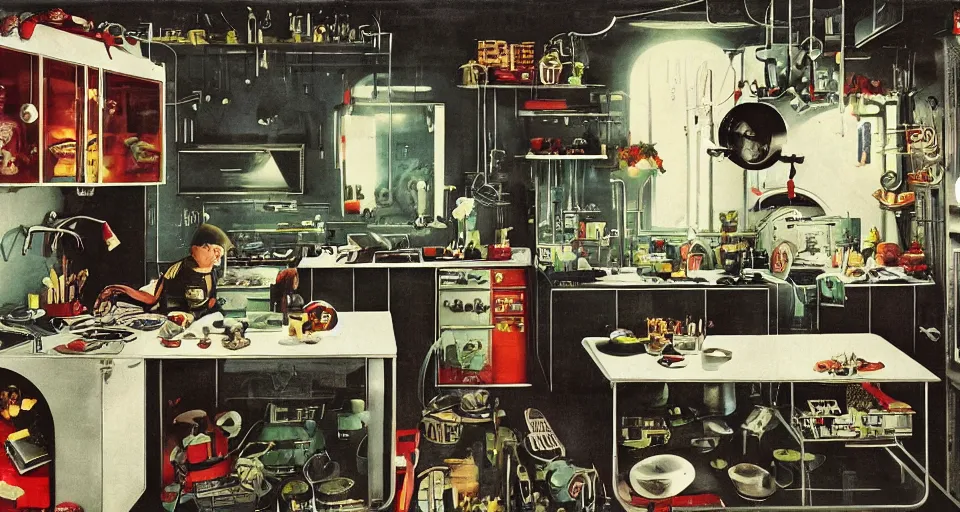 Image similar to IKEA catalogue photo of a cyberpunk kitchen on a spaceship, by Ravi Zupa